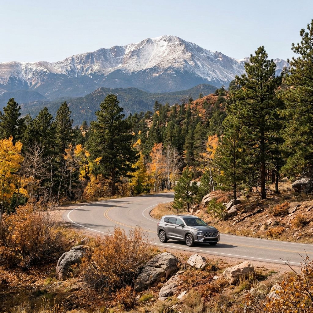 Silver SUV driving along a winding mountain road with autumn trees and a snow-capped peak in the background. (Representative image for illustration purposes only. Actual vehicle may vary based on trim and configuration.)