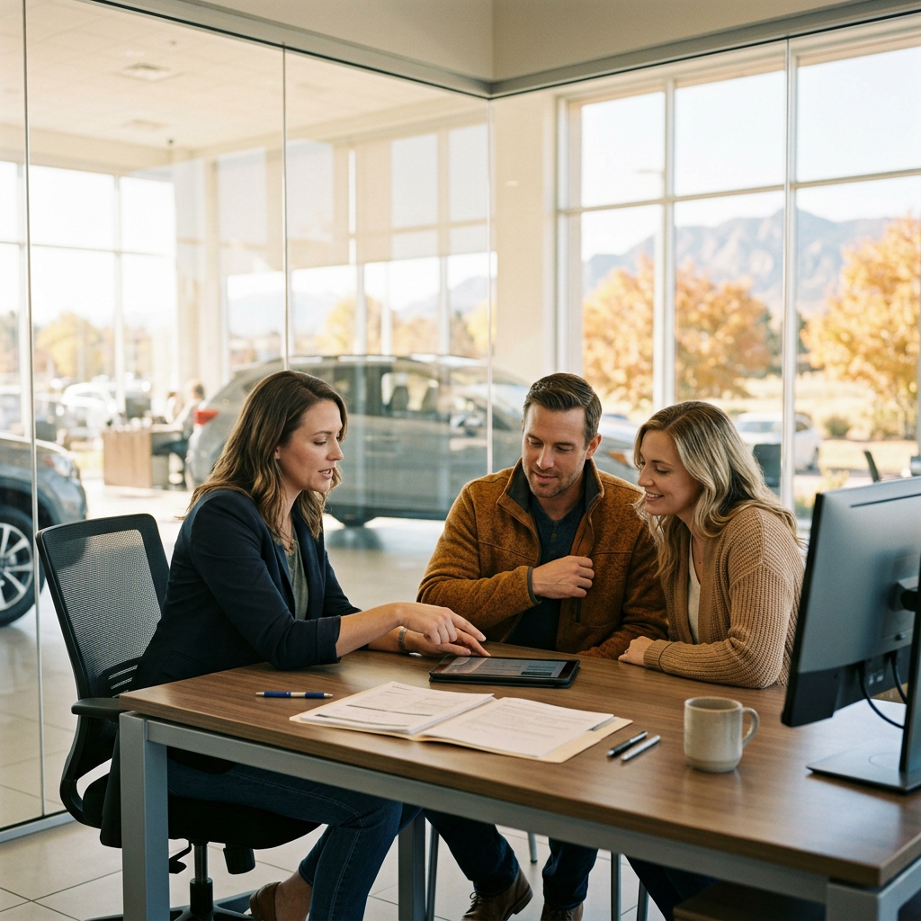 A car dealership employee showing options on a tablet to a young couple sitting at an office desk. (Representative image for illustration purposes only. Actual vehicle may vary based on trim and configuration.)