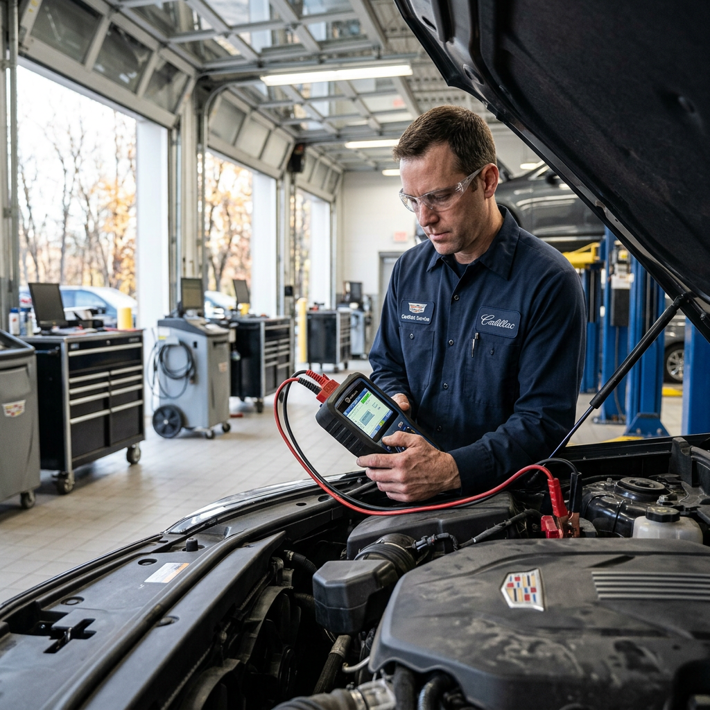 Automotive technician in a Cadillac uniform using a handheld diagnostic scanner on a car engine in a service bay. (Representative image for illustration purposes only. Actual vehicle may vary based on trim and configuration.)