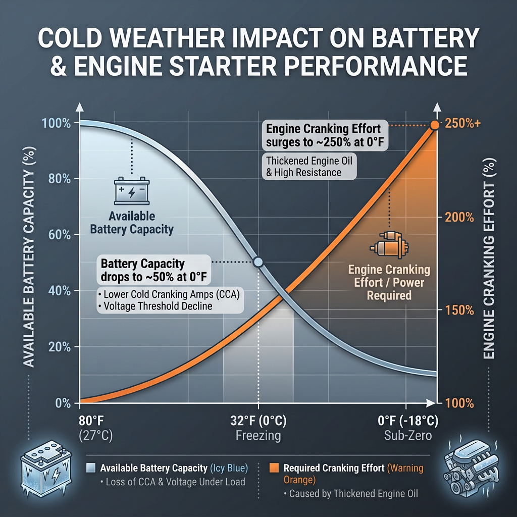 Line graph showing available battery capacity decreasing while engine cranking effort increases as temperatures drop to 0°F. (Representative image for illustration purposes only. Actual vehicle may vary based on trim and configuration.)