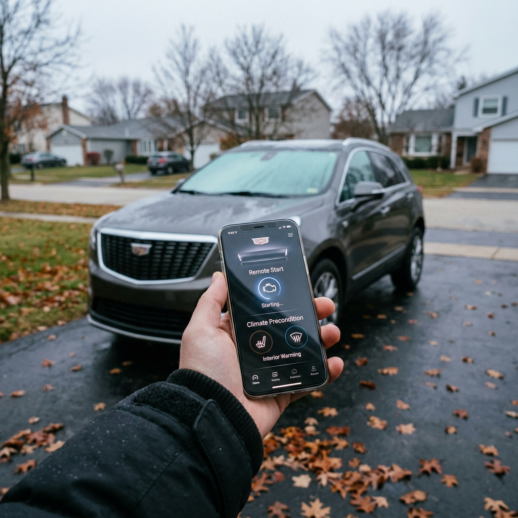 A hand holds a smartphone showing a Cadillac app remote starting a car parked in a residential driveway. (Representative image for illustration purposes only. Actual vehicle may vary based on trim and configuration.)