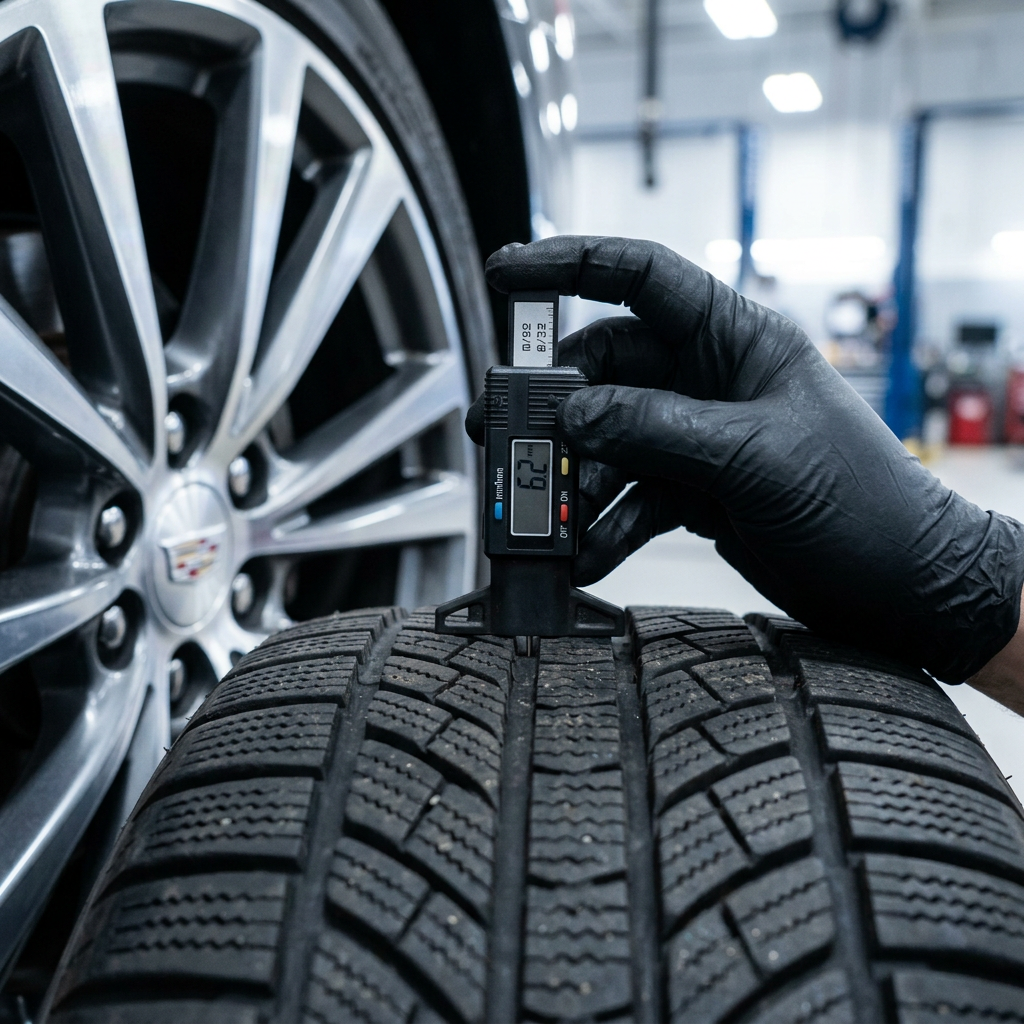 Mechanic using a digital tread depth gauge on a car tire in an auto repair shop. (Representative image for illustration purposes only. Actual vehicle may vary based on trim and configuration.)
