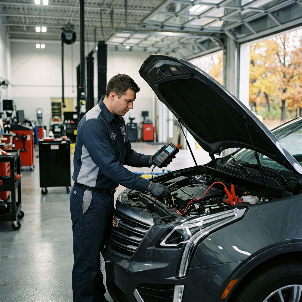 An auto mechanic uses a handheld diagnostic tool under the open hood of a gray SUV inside a service bay. (Representative image for illustration purposes only. Actual vehicle may vary based on trim and configuration.)