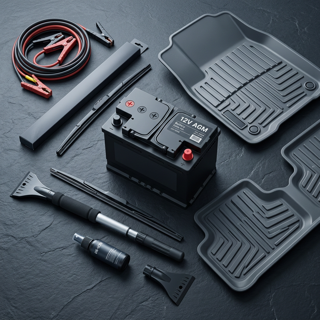 Flat-lay view of essential winter car accessories including a 12V AGM battery, jumper cables, floor mats, and an ice scraper. (Representative image for illustration purposes only. Actual vehicle may vary based on trim and configuration.)