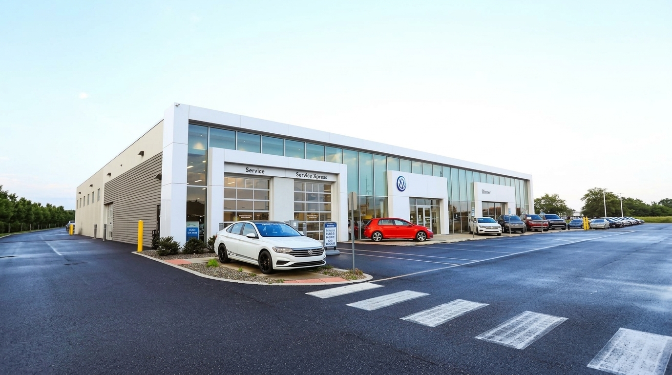 Exterior view of a modern Volkswagen dealership showing service bay entrances, a white sedan, and a red hatchback. (Representative image for illustration purposes only. Actual vehicle may vary based on trim and configuration.)