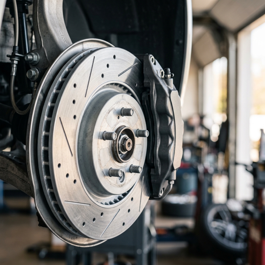 Close-up of a slotted and drilled performance car brake rotor with caliper inside an auto repair shop. (Representative image for illustration purposes only. Actual vehicle may vary based on trim and configuration.)