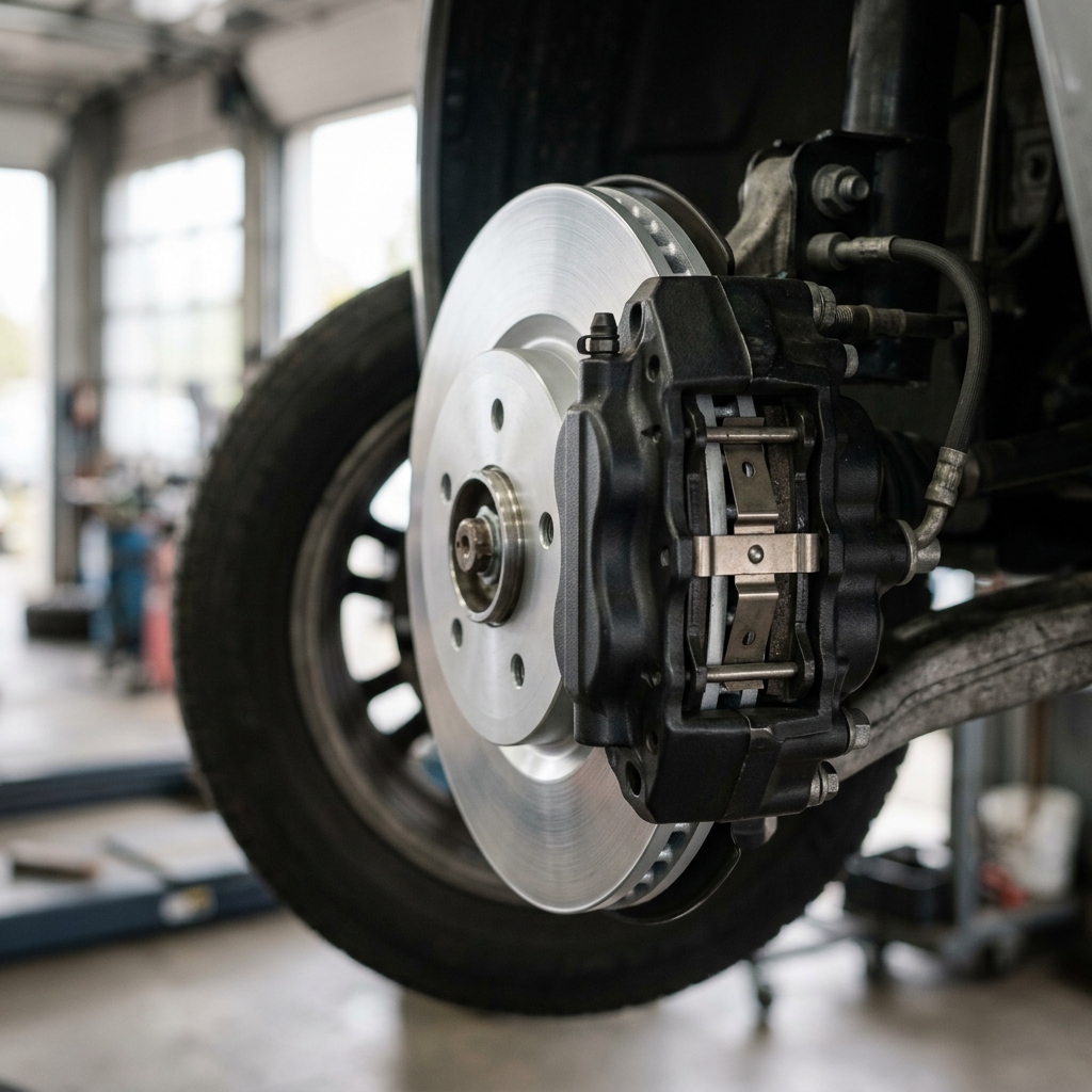 Newly installed brake rotor and black caliper assembly on a vehicle lifted in an auto repair shop. (Representative image for illustration purposes only. Actual vehicle may vary based on trim and configuration.)