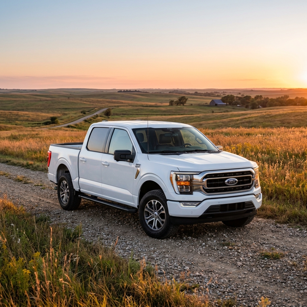 White Ford F-150 pickup truck parked on a gravel path in a rural grassy field at sunset. (Representative image for illustration purposes only. Actual vehicle may vary based on trim and configuration.)