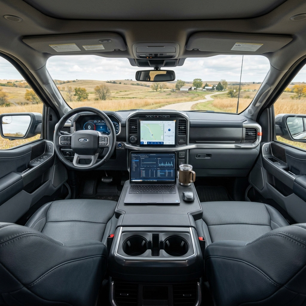 Modern Ford truck interior featuring a fold-out desk console with a laptop, mouse, and coffee mug, overlooking countryside. (Representative image for illustration purposes only. Actual vehicle may vary based on trim and configuration.)