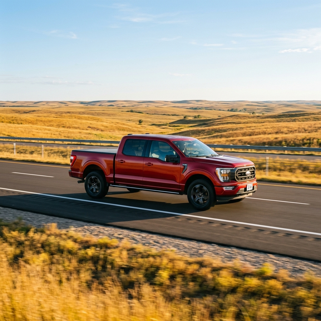 Red Ford F-150 pickup truck driving on an open highway through rolling golden prairie hills. (Representative image for illustration purposes only. Actual vehicle may vary based on trim and configuration.)