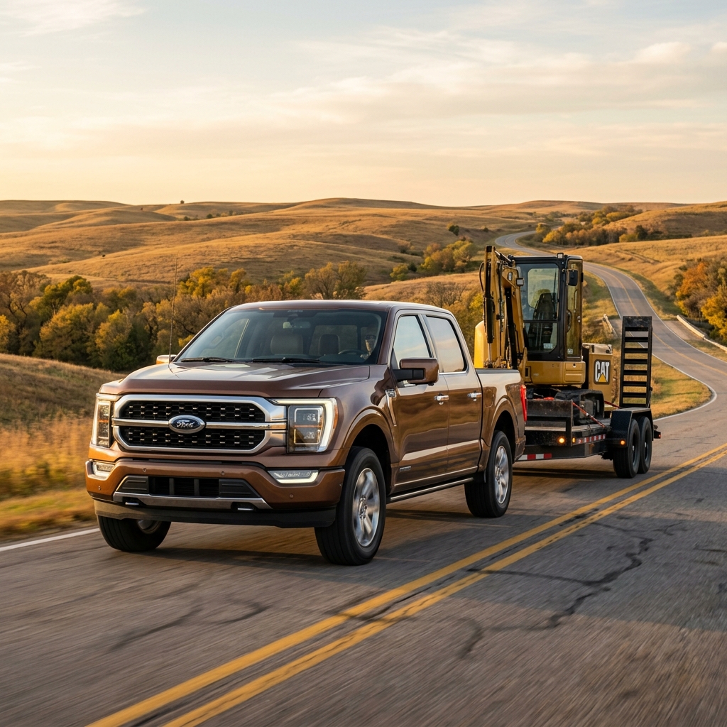 A brown Ford F-150 pickup truck towing a yellow CAT mini excavator on a rural winding road. (Representative image for illustration purposes only. Actual vehicle may vary based on trim and configuration.)