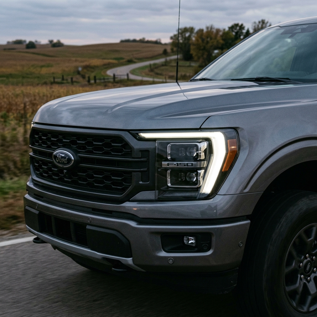 Close-up front view of a grey Ford F-150 pickup truck driving on a rural road with LED headlights illuminated. (Representative image for illustration purposes only. Actual vehicle may vary based on trim and configuration.)