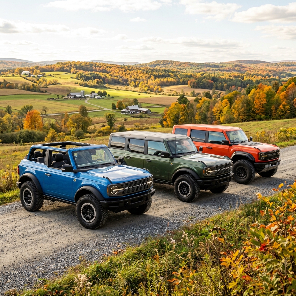 Three Ford Bronco SUVs in blue, green, and orange parked on a gravel path overlooking a scenic autumn valley. (Representative image for illustration purposes only. Actual vehicle may vary based on trim and configuration.)