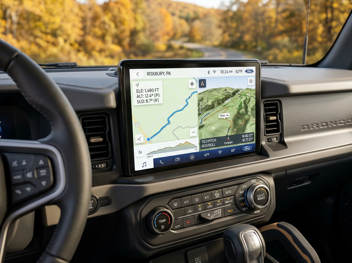 Close-up of a Ford Bronco interior dashboard featuring a large touchscreen displaying off-road navigation maps. (Representative image for illustration purposes only. Actual vehicle may vary based on trim and configuration.)