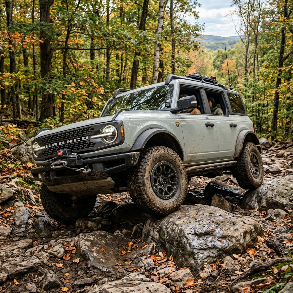 Light grey Ford Bronco 4-door navigating over large rocks on an autumn forest trail. (Representative image for illustration purposes only. Actual vehicle may vary based on trim and configuration.)