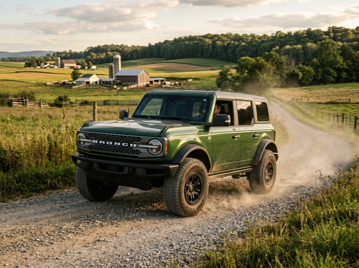 Green Ford Bronco driving down a dusty gravel dirt road through rural farmland. (Representative image for illustration purposes only. Actual vehicle may vary based on trim and configuration.)
