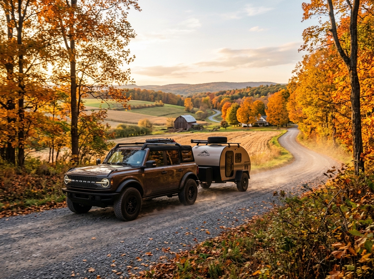 A brown Ford Bronco towing a teardrop camper along a dirt road through scenic autumn woods and countryside. (Representative image for illustration purposes only. Actual vehicle may vary based on trim and configuration.)