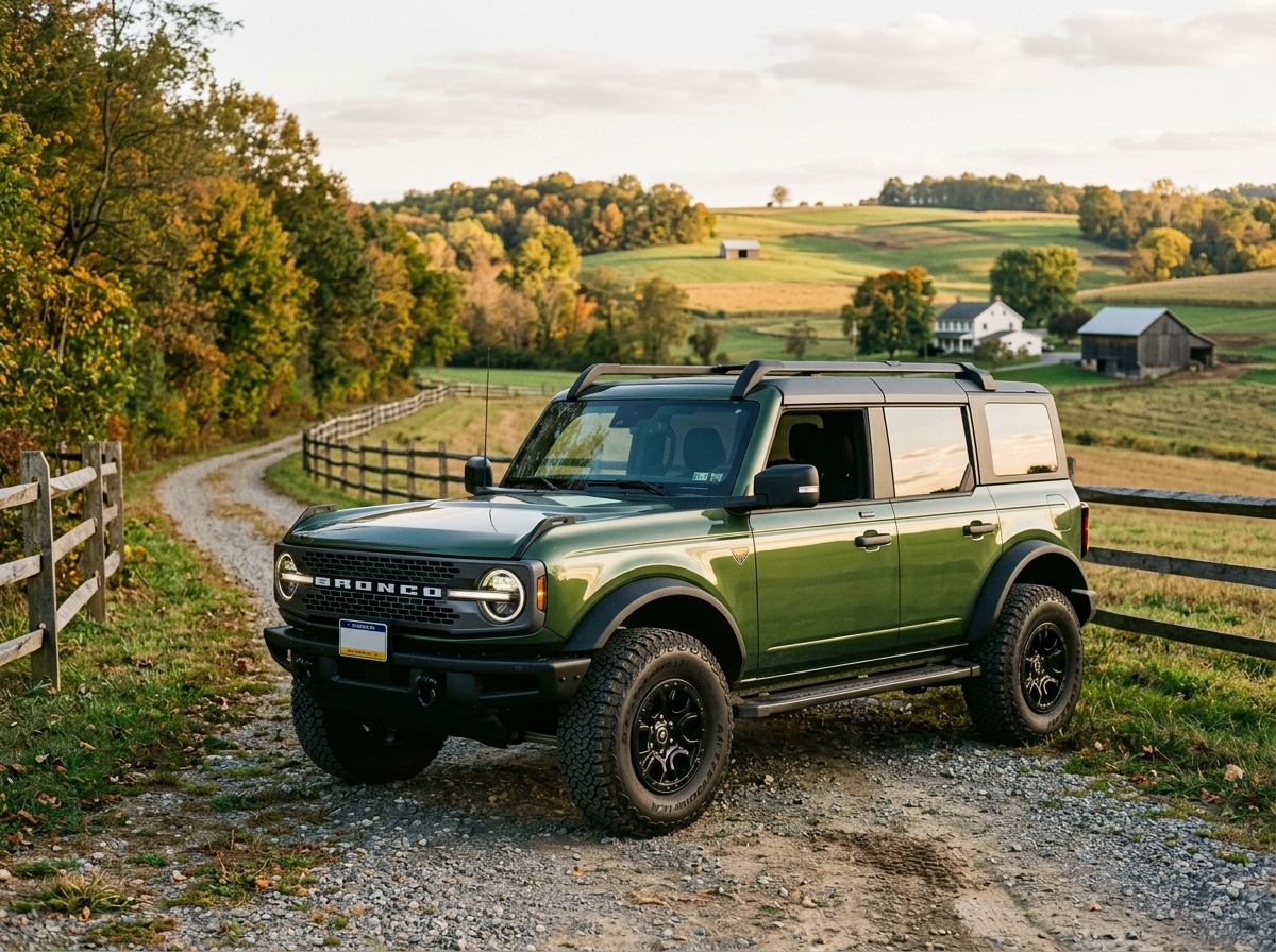 Green Ford Bronco parked on a gravel path next to a wooden fence in a scenic countryside landscape. (Representative image for illustration purposes only. Actual vehicle may vary based on trim and configuration.)
