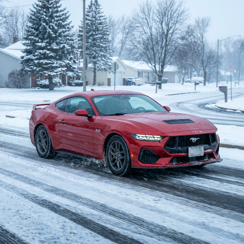 Red Ford Mustang GT driving on a slushy, snow-covered road in a suburban neighborhood. (Representative image for illustration purposes only. Actual vehicle may vary based on trim and configuration.)