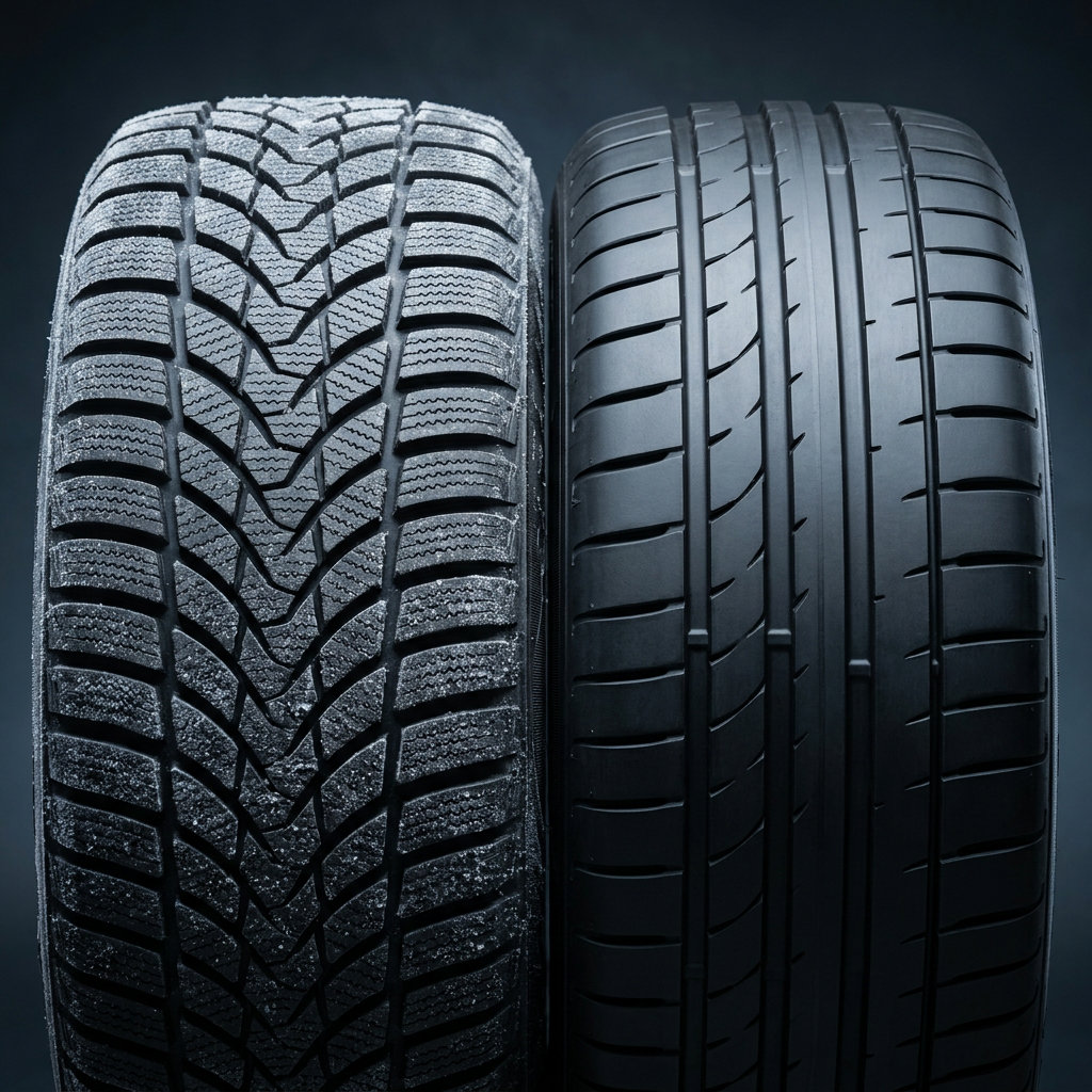 Side-by-side comparison of a winter tire with deep sipes and a smooth summer tire. (Representative image for illustration purposes only. Actual vehicle may vary based on trim and configuration.)