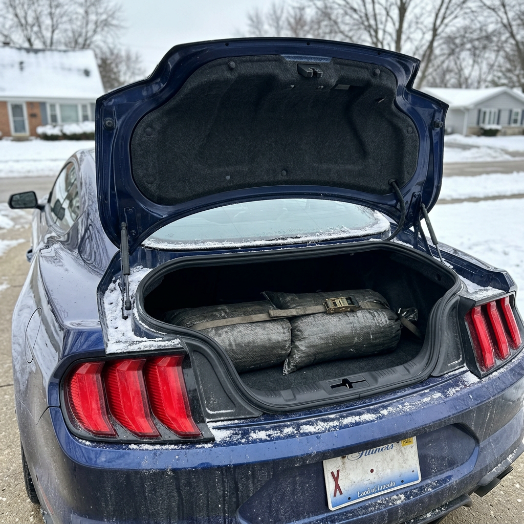 Open trunk of a blue Ford Mustang parked in snow, holding sandbags secured with a strap for winter weight. (Representative image for illustration purposes only. Actual vehicle may vary based on trim and configuration.)