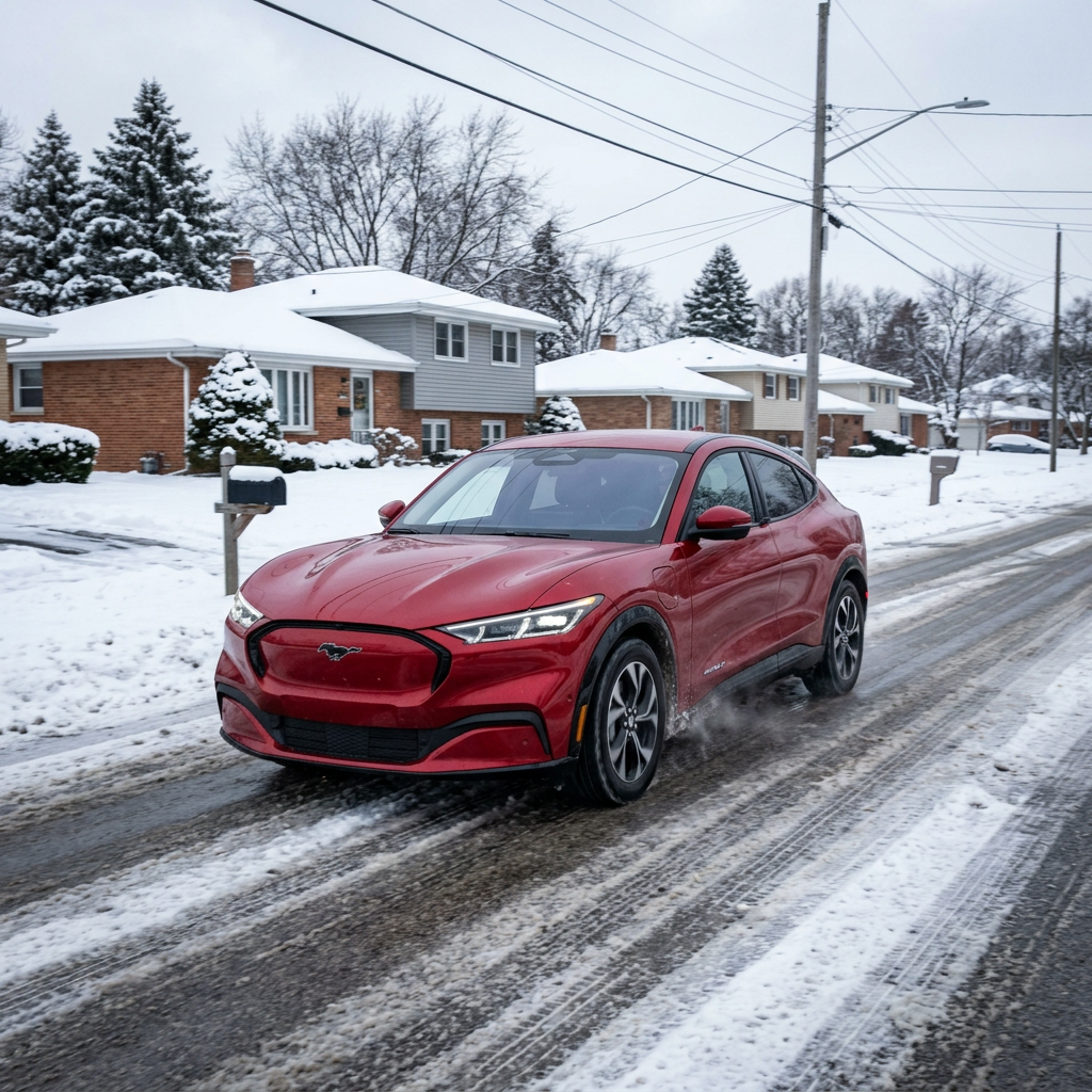 A red Ford Mustang Mach-E driving along a slushy residential street lined with snow-covered suburban houses in winter. (Representative image for illustration purposes only. Actual vehicle may vary based on trim and configuration.)