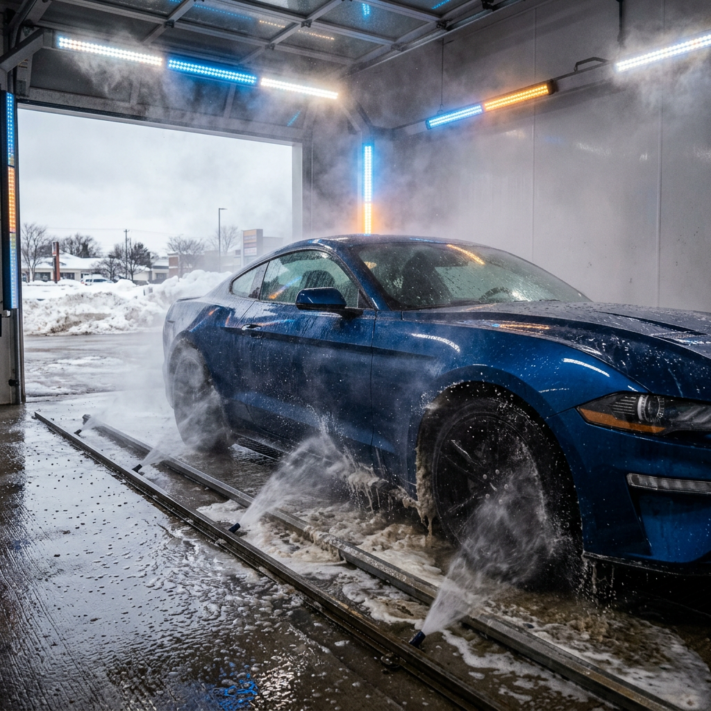Blue Ford Mustang receiving an undercarriage spray inside an illuminated indoor car wash during winter. (Representative image for illustration purposes only. Actual vehicle may vary based on trim and configuration.)