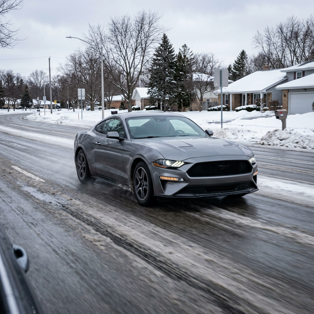 Grey Ford Mustang driving on a slush-covered residential street during winter. (Representative image for illustration purposes only. Actual vehicle may vary based on trim and configuration.)