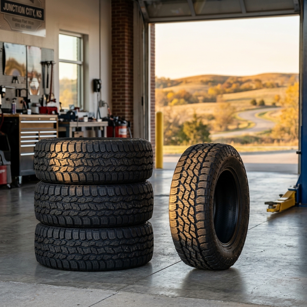 Four all-terrain tires inside a garage looking out towards scenic rolling hills through an open bay door. (Representative image for illustration purposes only. Actual vehicle may vary based on trim and configuration.)
