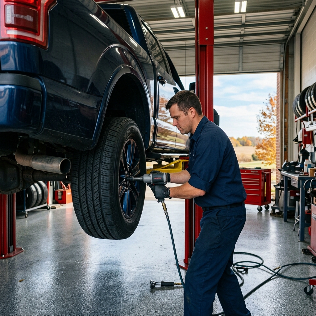 Auto mechanic using an impact wrench on the rear tire of a blue pickup truck raised on a car lift. (Representative image for illustration purposes only. Actual vehicle may vary based on trim and configuration.)