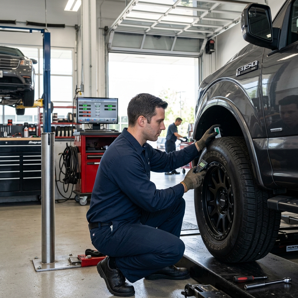 An auto mechanic crouching beside a truck to measure the tire tread depth inside a service shop. (Representative image for illustration purposes only. Actual vehicle may vary based on trim and configuration.)