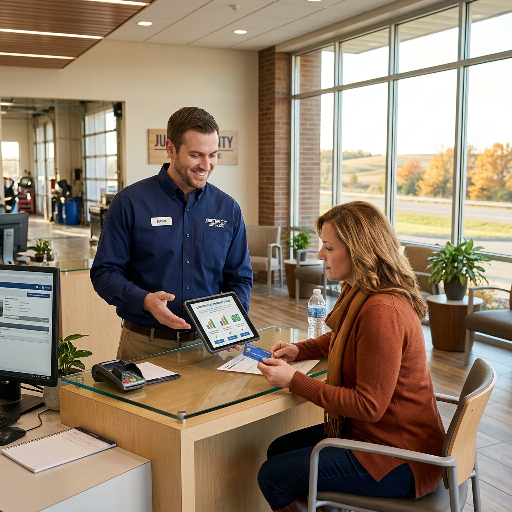 A service representative shows digital options on a tablet to a seated customer holding a credit card at a counter. (Representative image for illustration purposes only. Actual vehicle may vary based on trim and configuration.)