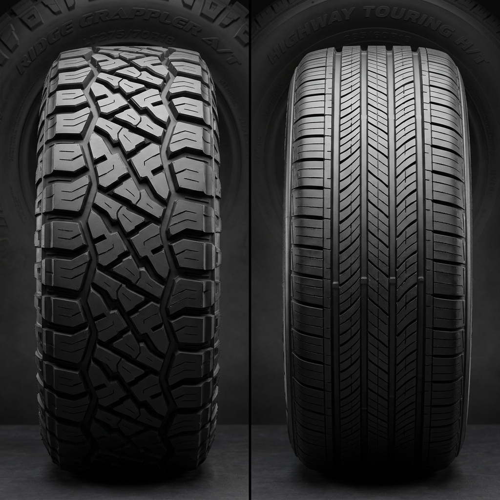 Side-by-side comparison showing aggressive all-terrain tire tread on the left and smooth highway touring tread on the right. (Representative image for illustration purposes only. Actual vehicle may vary based on trim and configuration.)