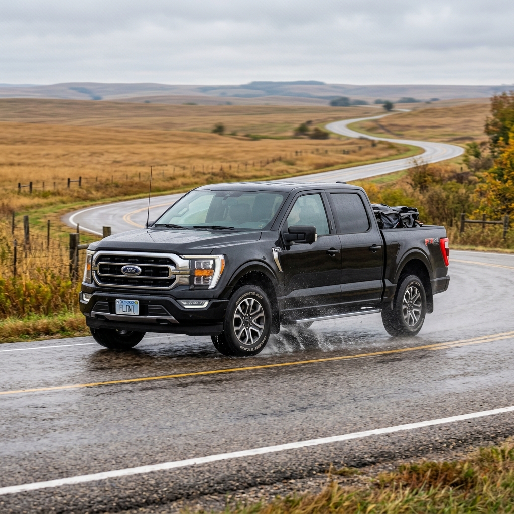 A dark Ford F-150 pickup truck driving on a wet, winding country road through rolling grassy hills. (Representative image for illustration purposes only. Actual vehicle may vary based on trim and configuration.)