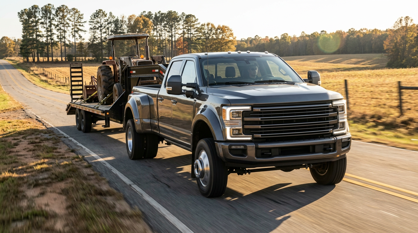 Dark grey Ford Super Duty dually truck towing a tractor on a flatbed trailer down a rural paved road. (Representative image for illustration purposes only. Actual vehicle may vary based on trim and configuration.)