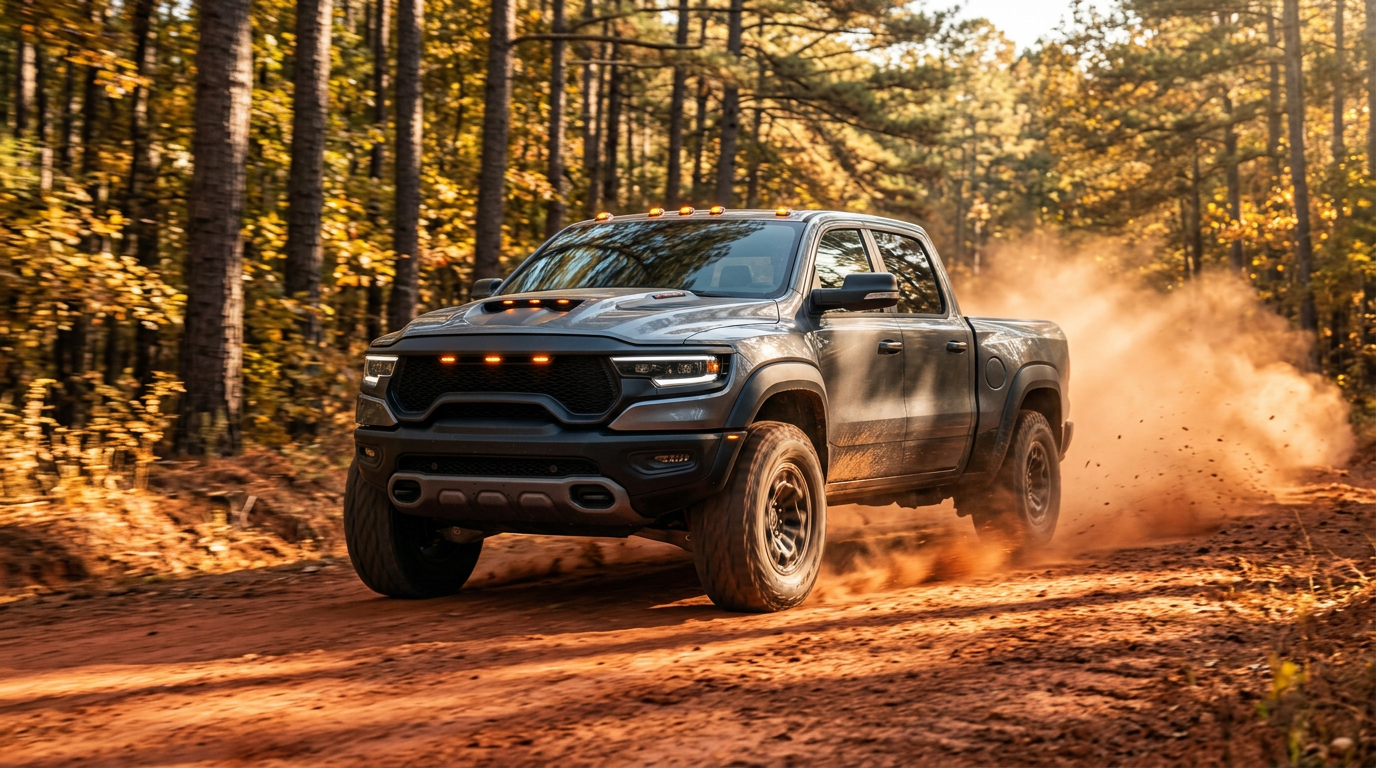Gray pickup truck driving fast on a dirt path through an autumn forest, kicking up a cloud of dust. (Representative image for illustration purposes only. Actual vehicle may vary based on trim and configuration.)