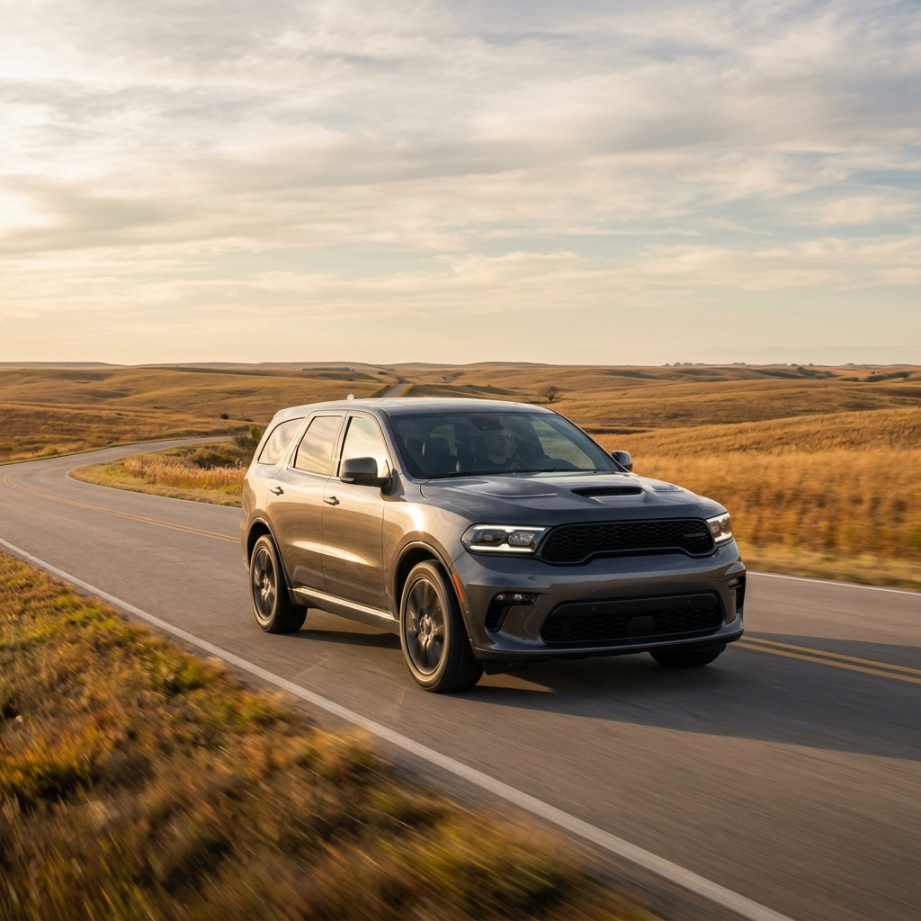 Grey Dodge Durango SUV driving along a winding asphalt road through rolling golden hills during golden hour. (Representative image for illustration purposes only. Actual vehicle may vary based on trim and configuration.)