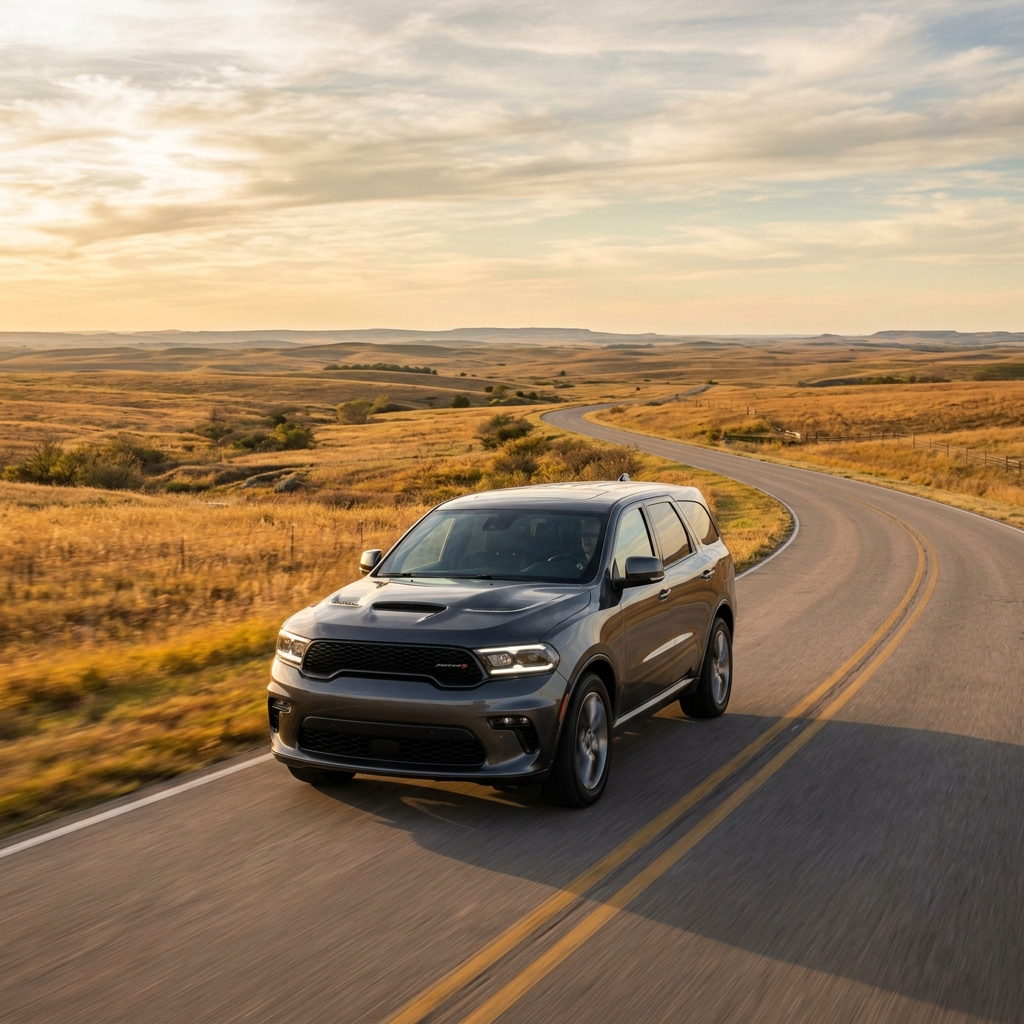 Dark grey Dodge Durango driving along a winding asphalt road through golden rolling prairie hills at sunset. (Representative image for illustration purposes only. Actual vehicle may vary based on trim and configuration.)