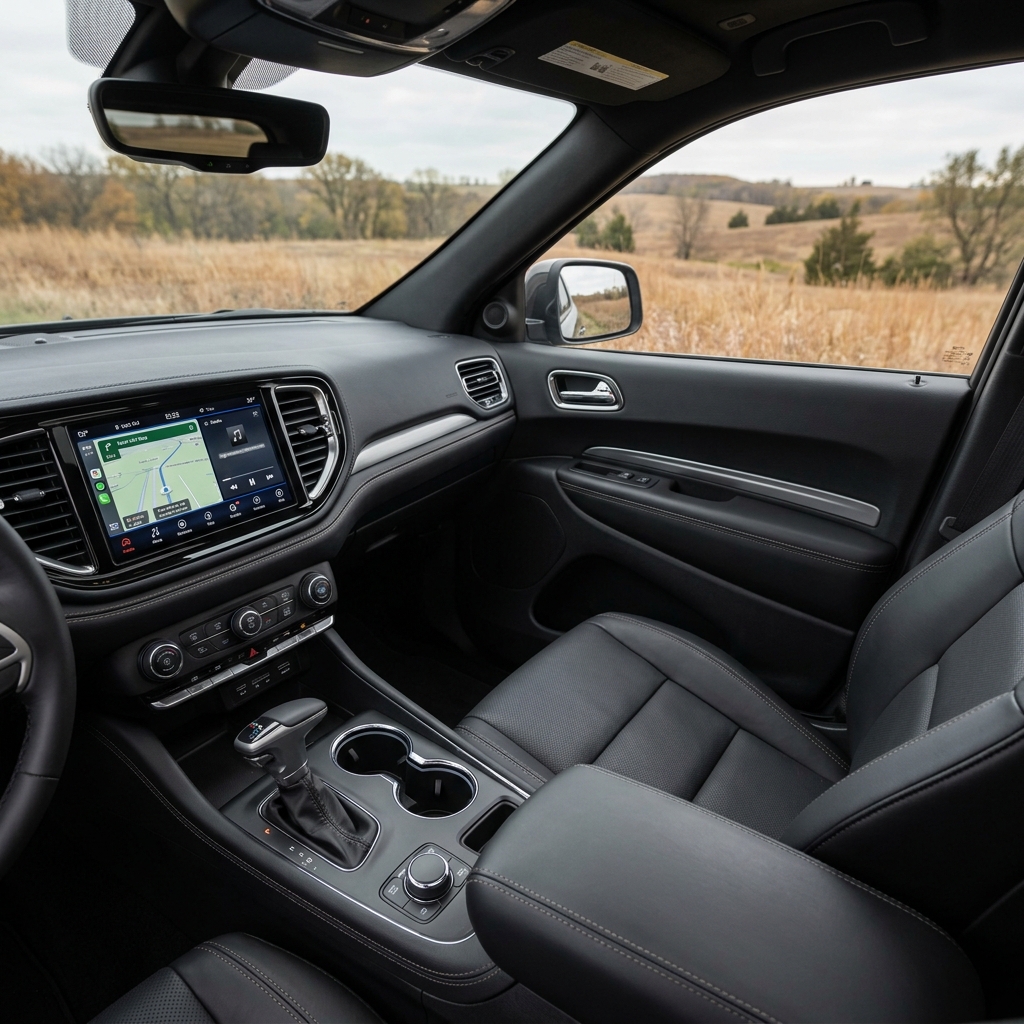 Driver's view of a modern SUV interior with black leather seats, digital touchscreen display, and center console. (Representative image for illustration purposes only. Actual vehicle may vary based on trim and configuration.)