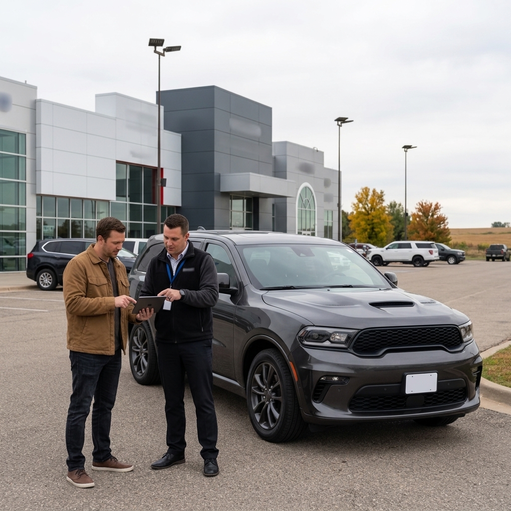 A car salesman shows a digital tablet to a customer standing beside a dark gray SUV outside a dealership. (Representative image for illustration purposes only. Actual vehicle may vary based on trim and configuration.)