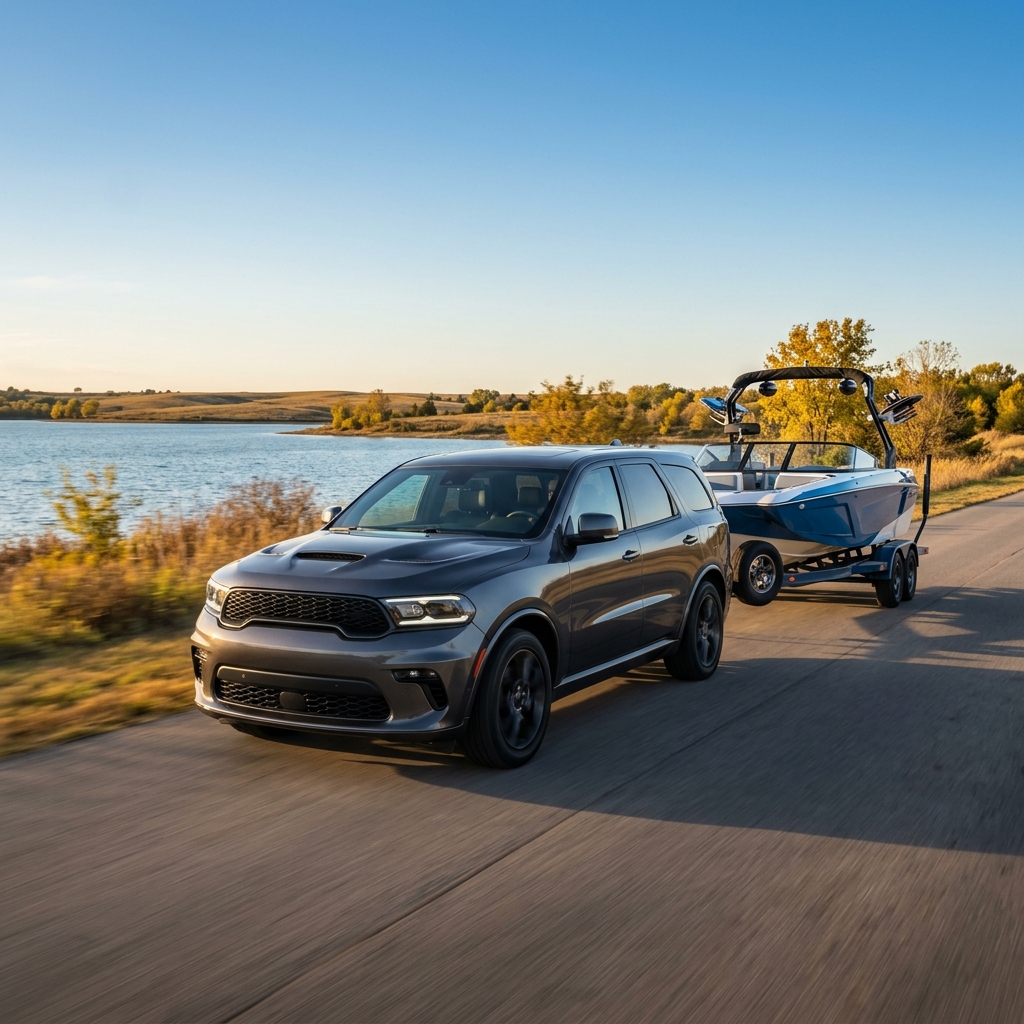 A dark grey Dodge Durango driving on a paved road while towing a blue and white boat next to a scenic lake. (Representative image for illustration purposes only. Actual vehicle may vary based on trim and configuration.)