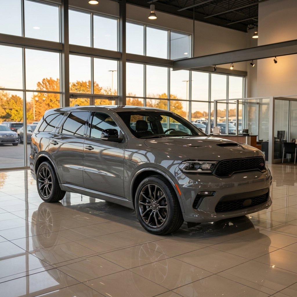 A sleek gray Dodge Durango SUV parked on glossy floor tiles inside a modern car dealership showroom. (Representative image for illustration purposes only. Actual vehicle may vary based on trim and configuration.)
