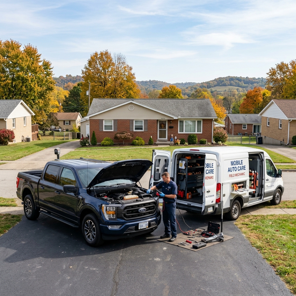 A mobile auto mechanic works on an open-hood blue pickup truck next to a service van in a suburban driveway. (Representative image for illustration purposes only. Actual vehicle may vary based on trim and configuration.)