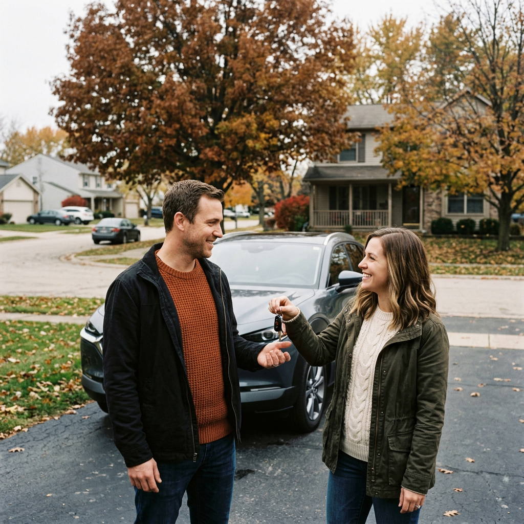 Woman handing car keys to a smiling man in front of a dark SUV on a suburban driveway during autumn. (Representative image for illustration purposes only. Actual vehicle may vary based on trim and configuration.)