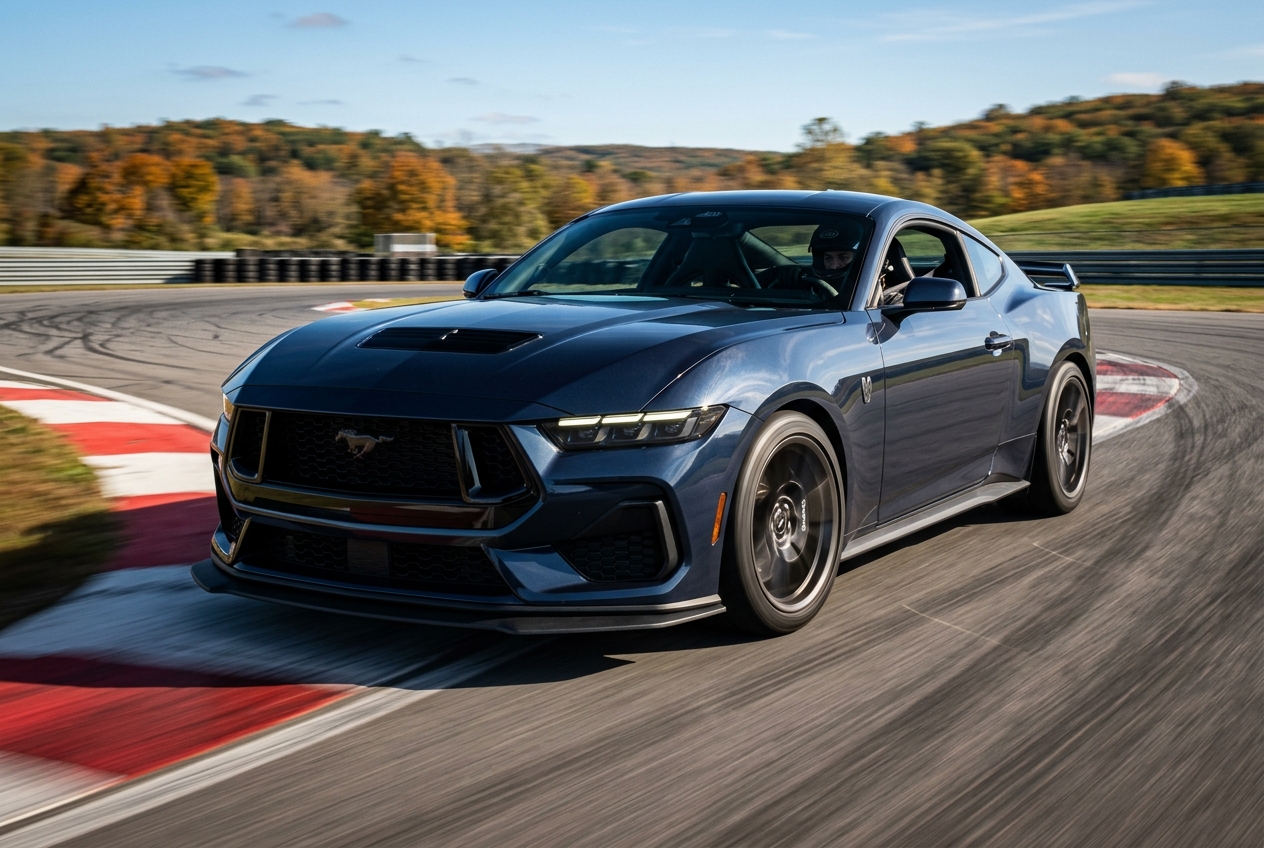 Dark blue Ford Mustang Dark Horse speeding around a turn on a race track. (Representative image for illustration purposes only. Actual vehicle may vary based on trim and configuration.)