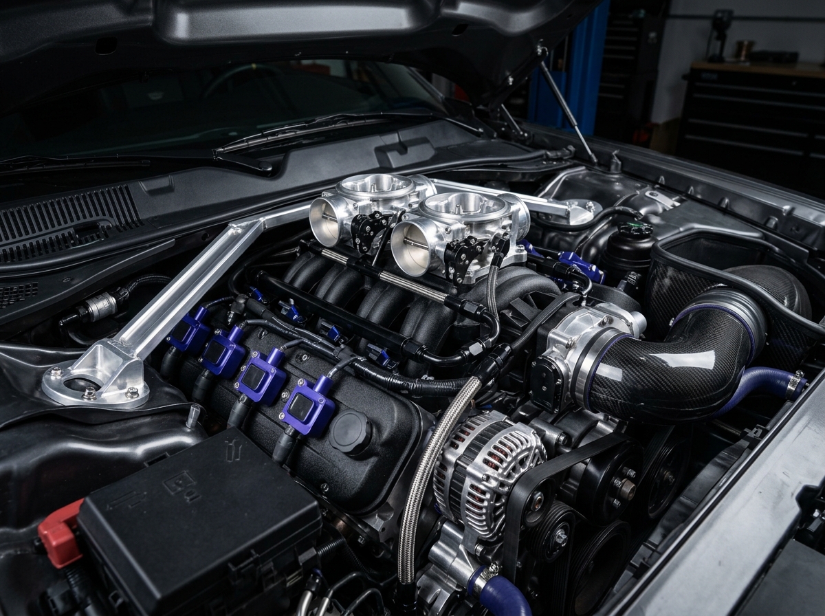 Close-up of a modified high-performance V8 car engine with dual throttle bodies and carbon fiber intake. (Representative image for illustration purposes only. Actual vehicle may vary based on trim and configuration.)