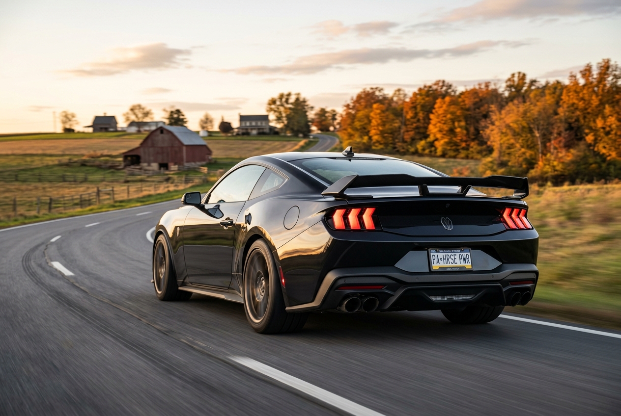 A black Ford Mustang Dark Horse driving on a winding rural road past a barn at sunset during autumn. (Representative image for illustration purposes only. Actual vehicle may vary based on trim and configuration.)