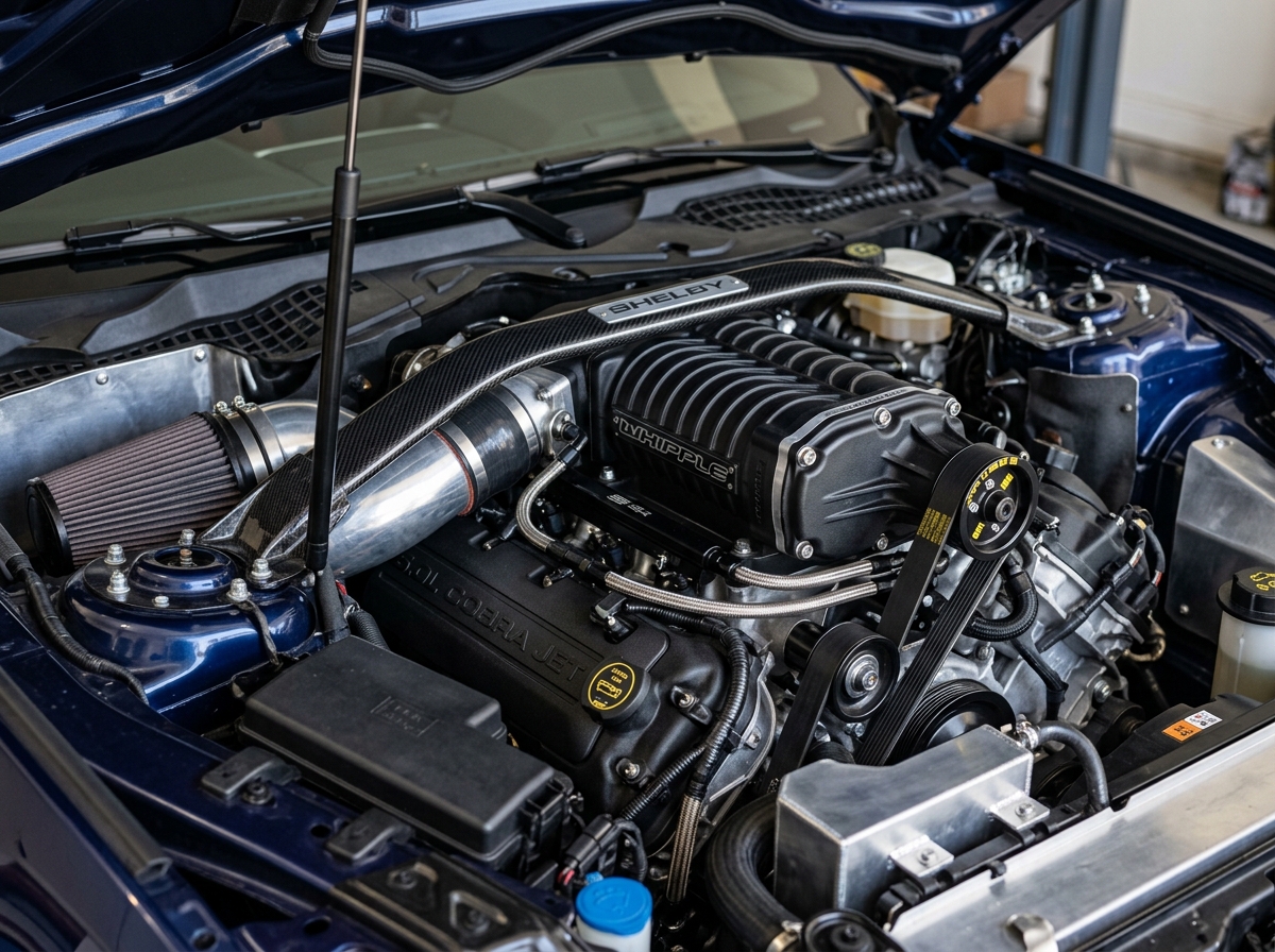 Detailed view of a dark blue Shelby Mustang engine bay with a Whipple supercharger and carbon fiber strut brace. (Representative image for illustration purposes only. Actual vehicle may vary based on trim and configuration.)