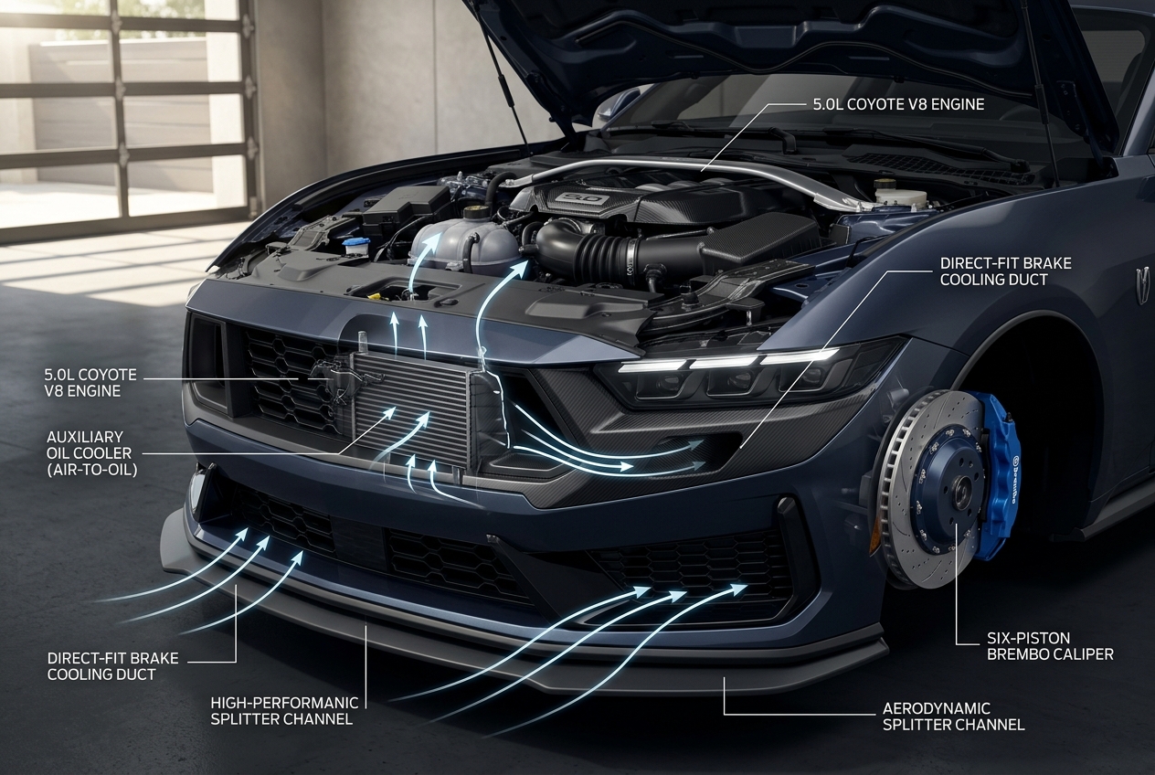Diagram of a dark blue Ford Mustang showing front-end airflow vectors, engine cooling, and Brembo brakes. (Representative image for illustration purposes only. Actual vehicle may vary based on trim and configuration.)