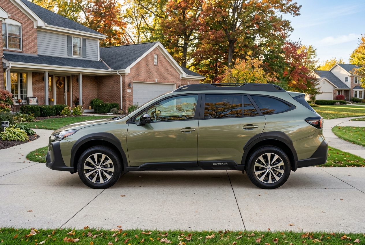 Side view of an olive green Subaru Outback parked on a residential driveway during autumn. (Representative image for illustration purposes only. Actual vehicle may vary based on trim and configuration.)